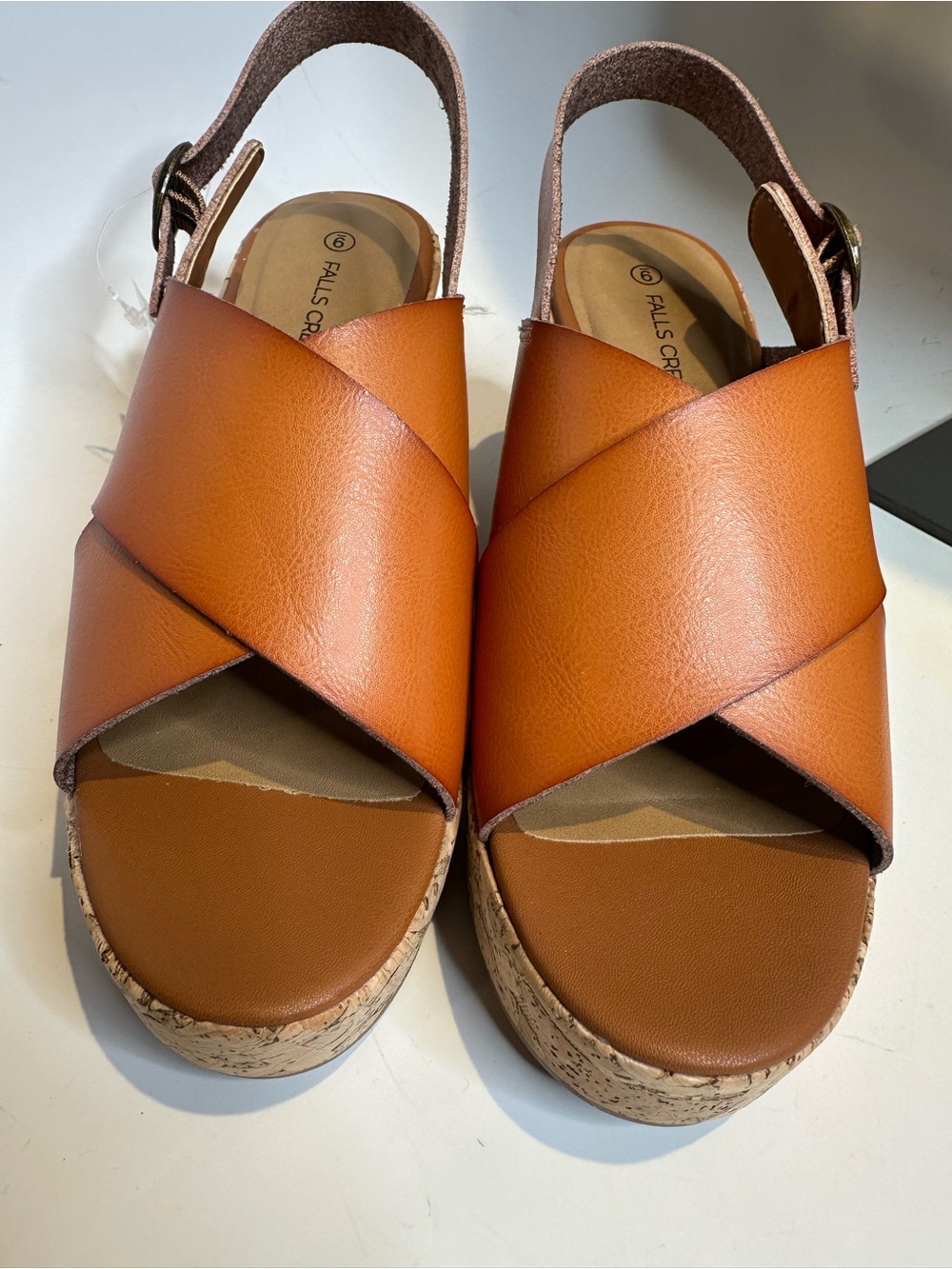 Falls Creek Orange-Brown Cork Wedge Sandals with Crisscross Straps